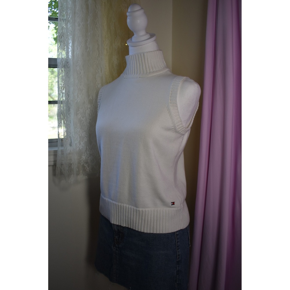 Tommy Hilfiger Womens White Mock Neck Sleeveless Cotton Knit Sweater Top Size‎ M
